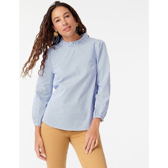 J.Crew Organic Cotton Long‎ Sleeve Ruffleneck Top Stripe Blue Size XS - Picture 1 of 10